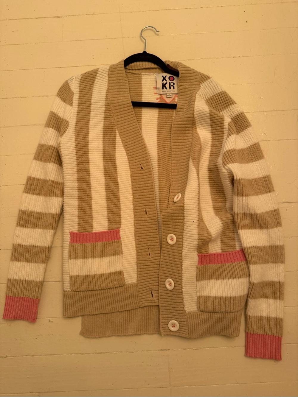 Striped Cream & Tan Button Cardigan with Pink Trim